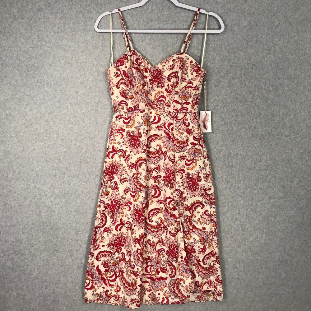 Jessica Simpson Dress XS Red Cream Midi Paisley Smocked Corset Milkmaid Romantic